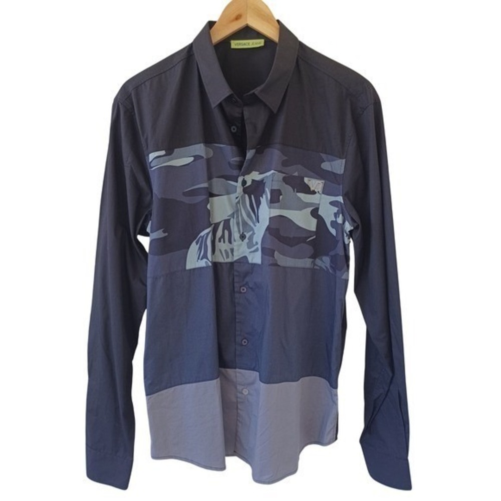 Versace Jeans Mens Camo Zebra Colorblock Button Down Shirt Black Grey VJ Logo L